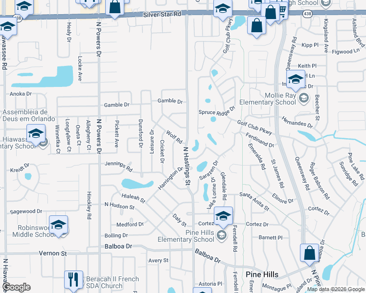 map of restaurants, bars, coffee shops, grocery stores, and more near 1920 North Hastings Street in Orlando