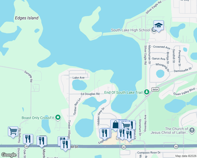 map of restaurants, bars, coffee shops, grocery stores, and more near 7811 Ed Douglas Road in Groveland