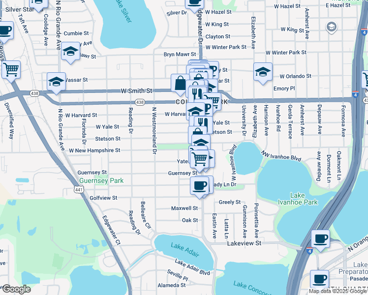 map of restaurants, bars, coffee shops, grocery stores, and more near 822 Dartmouth Street in Orlando