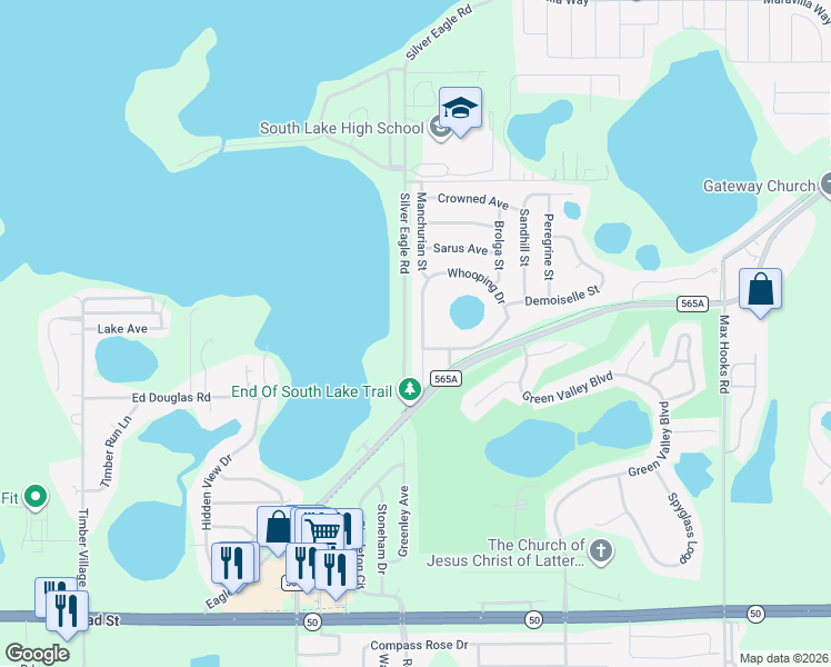 map of restaurants, bars, coffee shops, grocery stores, and more near 1433 Whooping Drive in Groveland