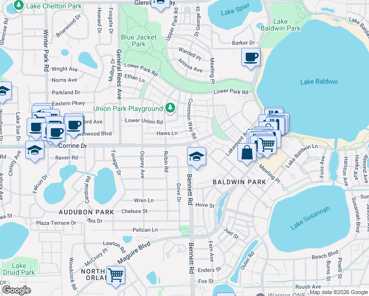map of restaurants, bars, coffee shops, grocery stores, and more near 4030 Corrine Drive in Orlando