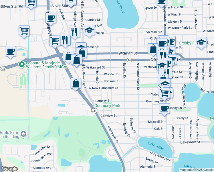map of restaurants, bars, coffee shops, grocery stores, and more near 1225 West New Hampshire Street in Orlando