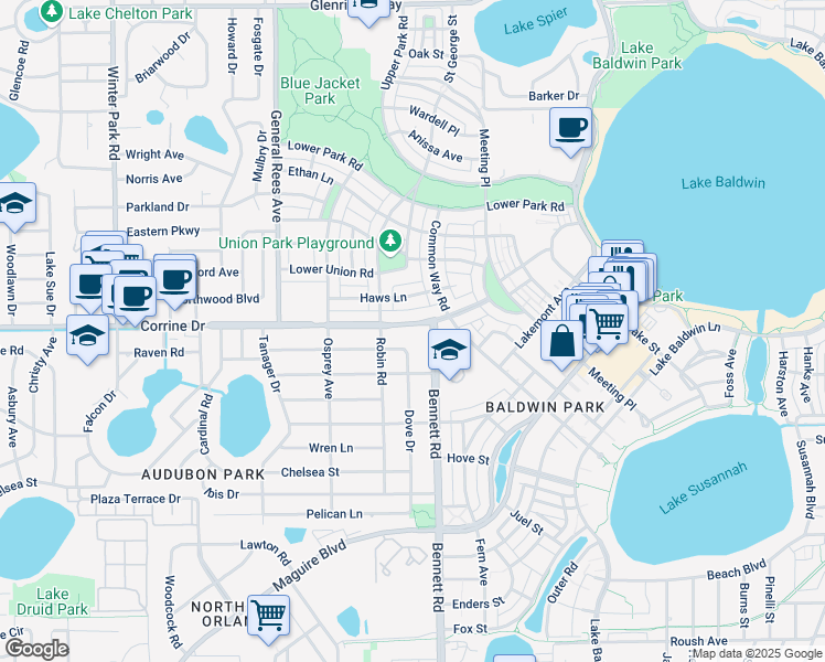 map of restaurants, bars, coffee shops, grocery stores, and more near 4030 Corrine Drive in Orlando