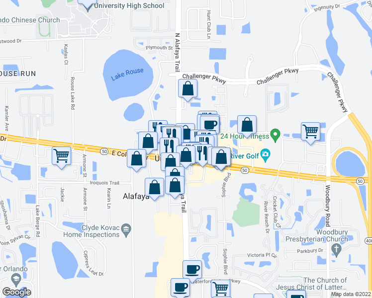 map of restaurants, bars, coffee shops, grocery stores, and more near 1725 North Alafaya Trail in Orlando