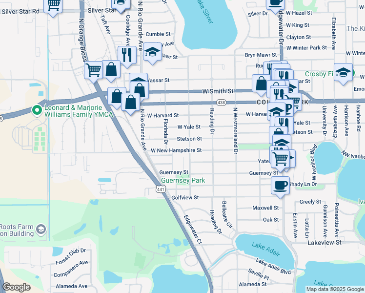 map of restaurants, bars, coffee shops, grocery stores, and more near 1225 West New Hampshire Street in Orlando