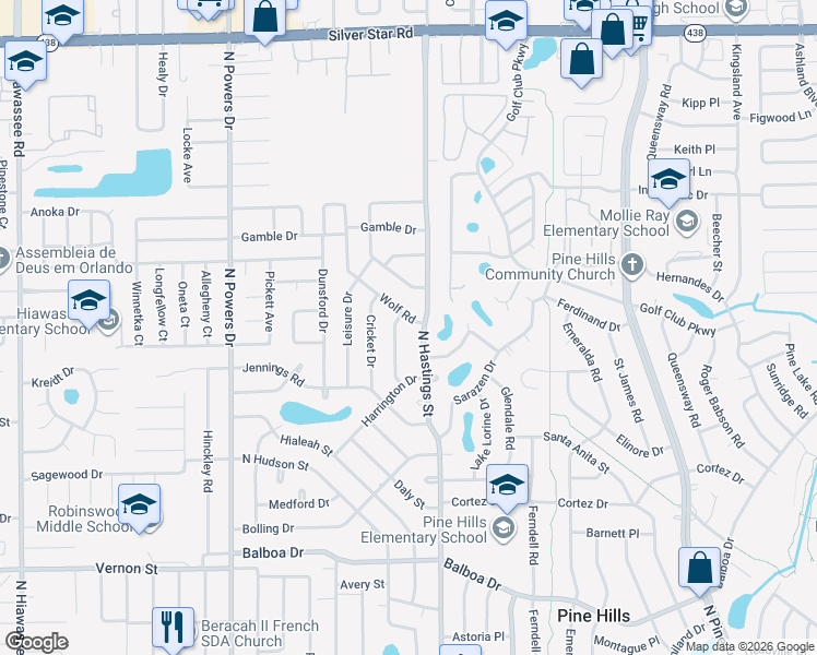 map of restaurants, bars, coffee shops, grocery stores, and more near 1920 North Hastings Street in Orlando
