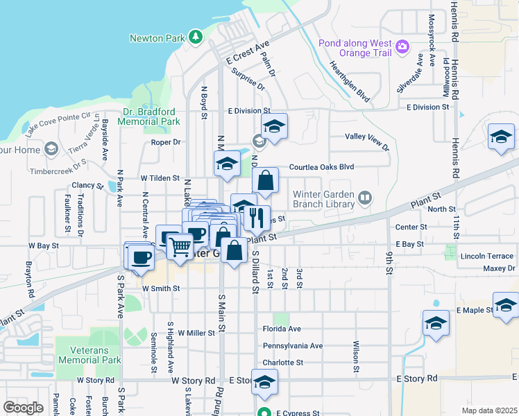 map of restaurants, bars, coffee shops, grocery stores, and more near 203 North Dillard Street in Winter Garden
