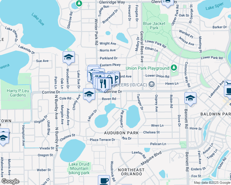 map of restaurants, bars, coffee shops, grocery stores, and more near 3216 Corrine Dr in Orlando