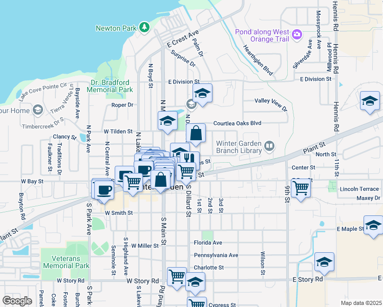 map of restaurants, bars, coffee shops, grocery stores, and more near 203 North Dillard Street in Winter Garden