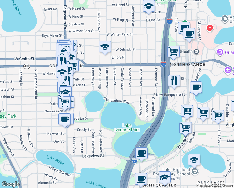 map of restaurants, bars, coffee shops, grocery stores, and more near 1819 Ivanhoe Road in Orlando