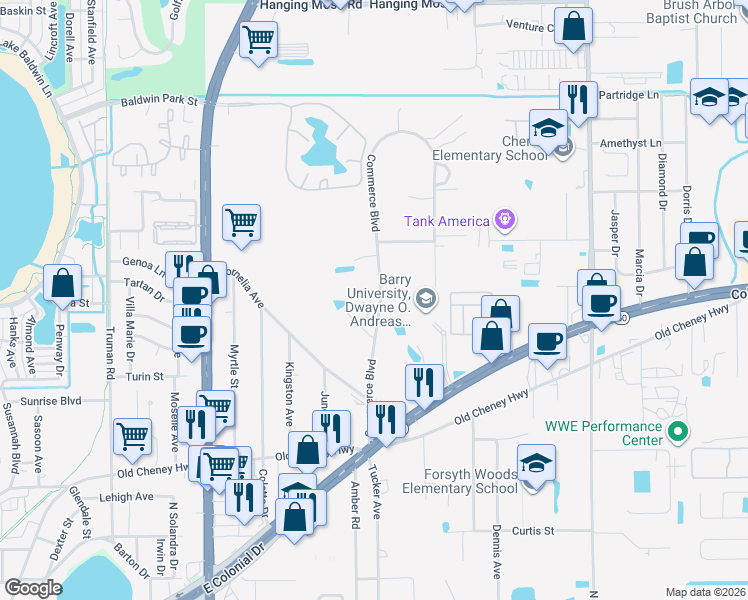 map of restaurants, bars, coffee shops, grocery stores, and more near 1801 Commerce Boulevard in Orlando