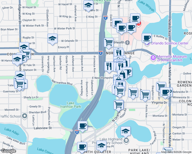 map of restaurants, bars, coffee shops, grocery stores, and more near 1749 North Shore Terrace in Orlando