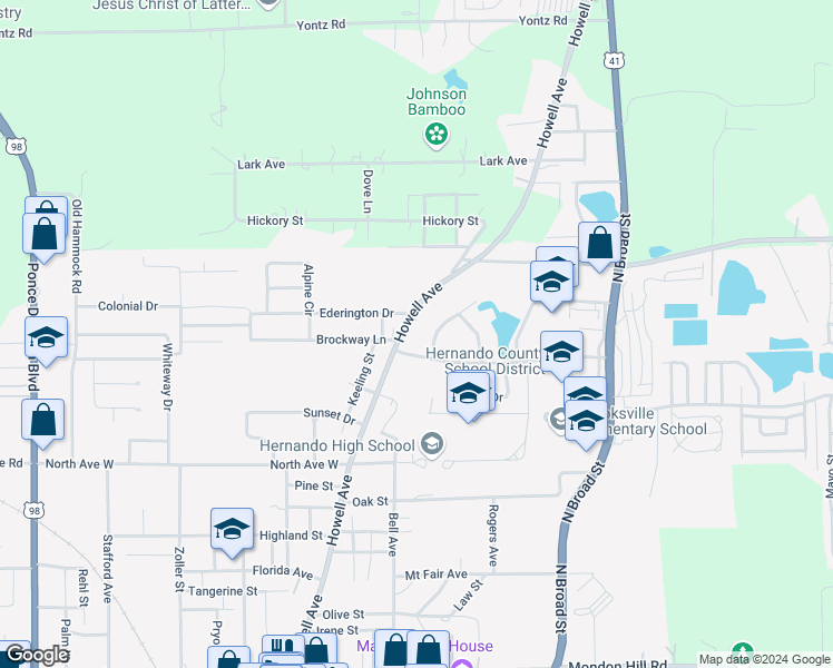 map of restaurants, bars, coffee shops, grocery stores, and more near 1020 Howell Avenue in Brooksville