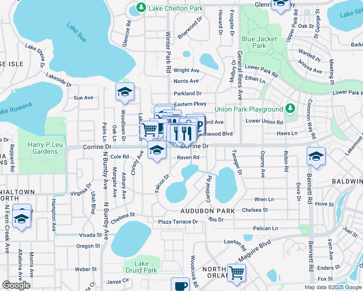 map of restaurants, bars, coffee shops, grocery stores, and more near Corrine Dr & Hammerlin Ave in Winter Park