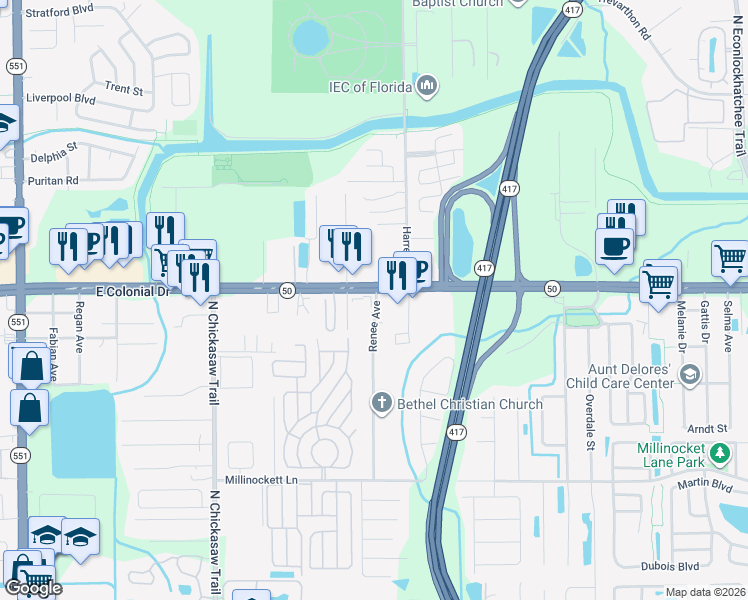 map of restaurants, bars, coffee shops, grocery stores, and more near 8602 East Colonial Drive in Orlando