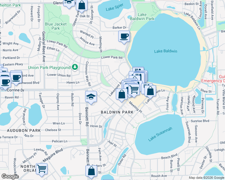 map of restaurants, bars, coffee shops, grocery stores, and more near 1655 Lakemont Avenue in Orlando
