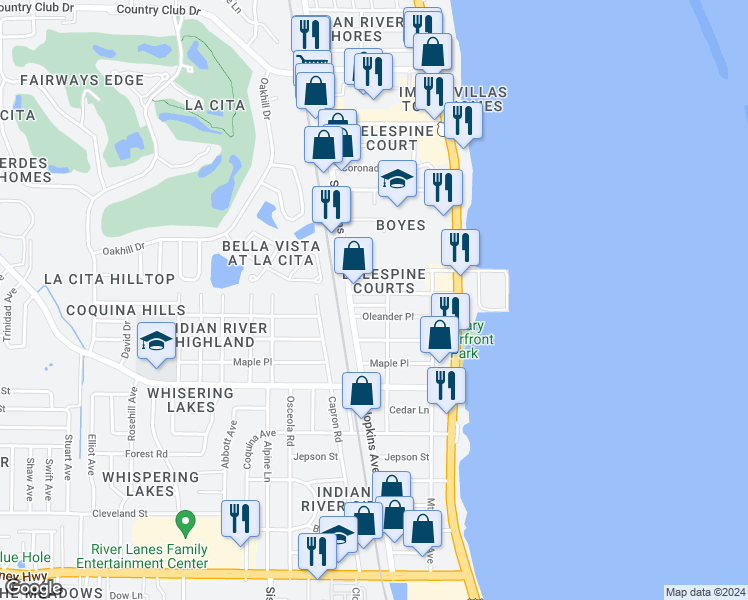 map of restaurants, bars, coffee shops, grocery stores, and more near 311 Parker Drive in Titusville