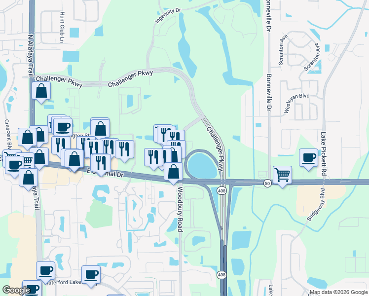 map of restaurants, bars, coffee shops, grocery stores, and more near 230 Woodbury Road in Orlando