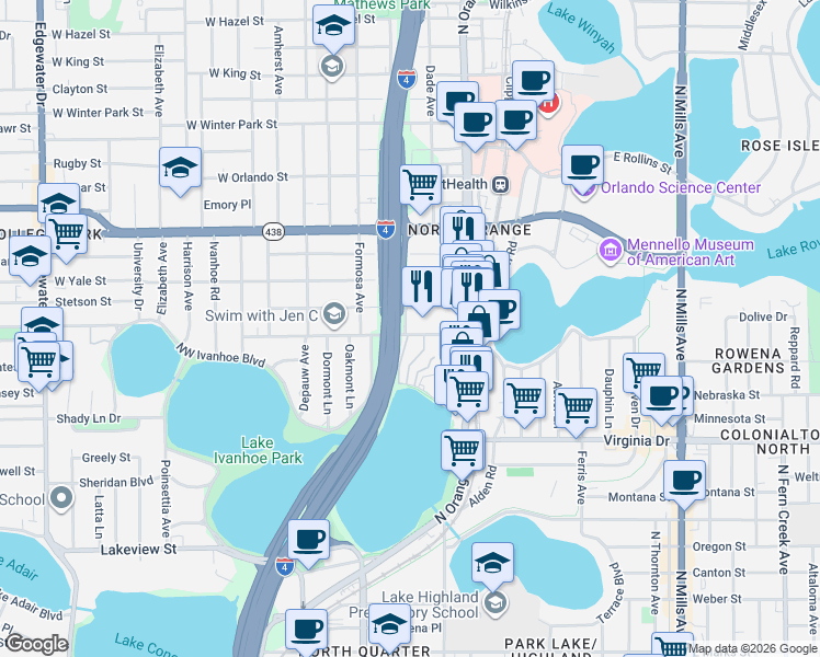 map of restaurants, bars, coffee shops, grocery stores, and more near 208 East New Hampshire Street in Orlando