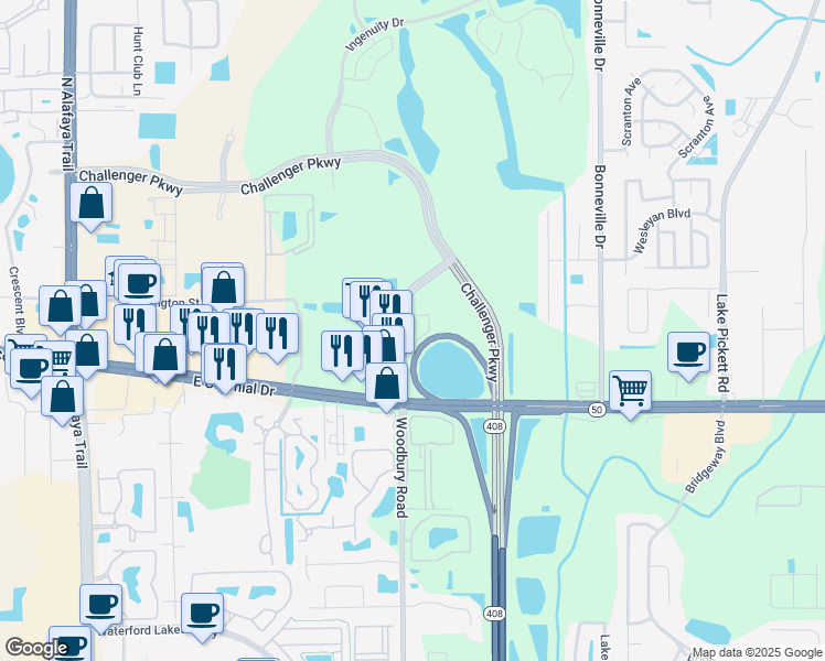 map of restaurants, bars, coffee shops, grocery stores, and more near 11012 Hub Plaza in Orlando
