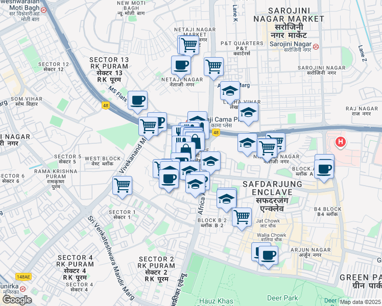 map of restaurants, bars, coffee shops, grocery stores, and more near in New Delhi
