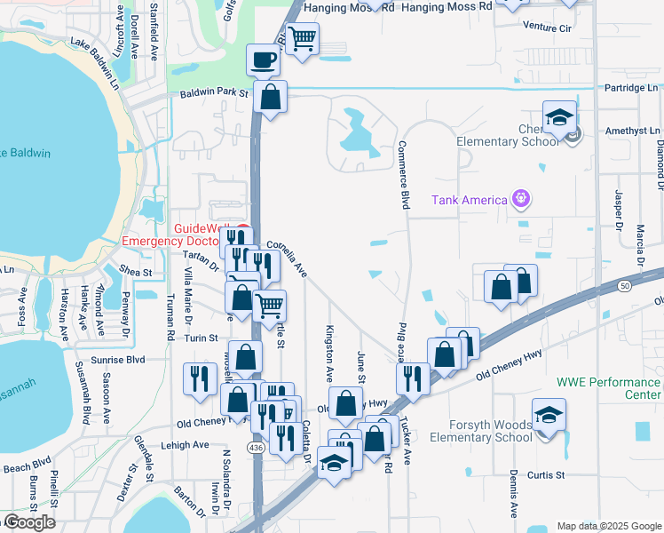 map of restaurants, bars, coffee shops, grocery stores, and more near 5905 Cornelia Avenue in Orlando