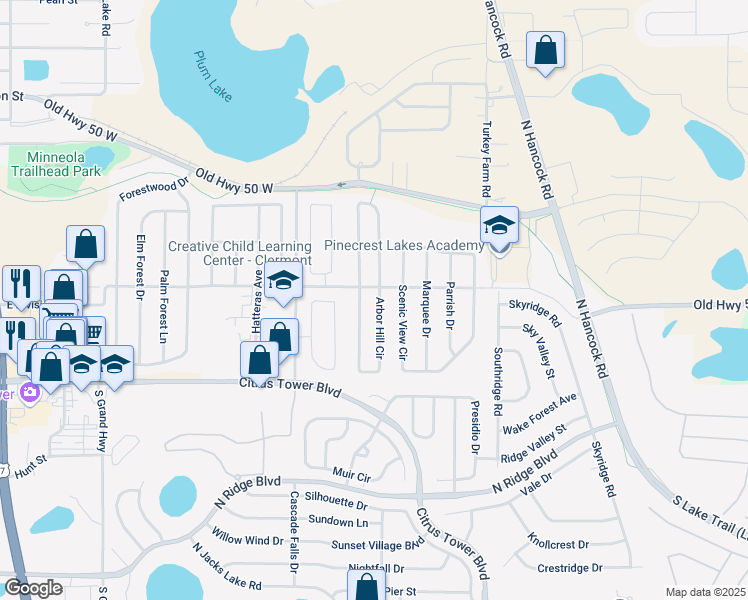 map of restaurants, bars, coffee shops, grocery stores, and more near 1006 Arbor Hill Circle in Minneola