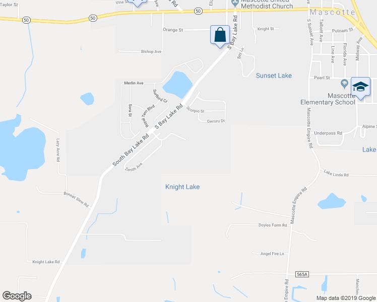map of restaurants, bars, coffee shops, grocery stores, and more near 15220 Bay Lake Road in Mascotte
