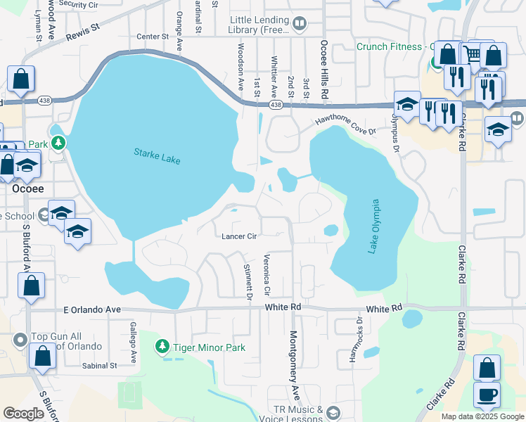 map of restaurants, bars, coffee shops, grocery stores, and more near 878 Keaton Parkway in Ocoee