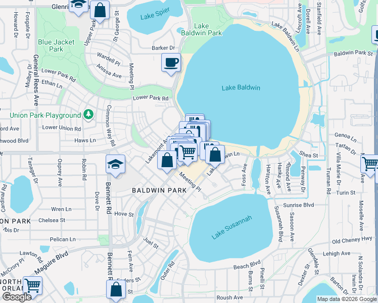 map of restaurants, bars, coffee shops, grocery stores, and more near 4887 New Broad Street in Orlando