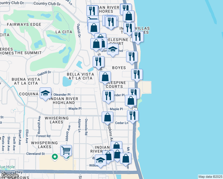 map of restaurants, bars, coffee shops, grocery stores, and more near 309 Parker Drive in Titusville