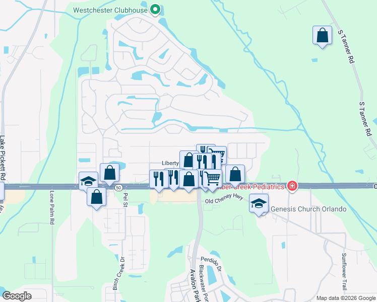 map of restaurants, bars, coffee shops, grocery stores, and more near 14675 Liberty Street in Orlando