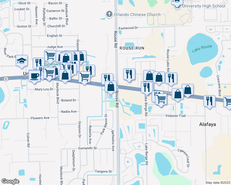 map of restaurants, bars, coffee shops, grocery stores, and more near 1698 Rouse Road in Orlando