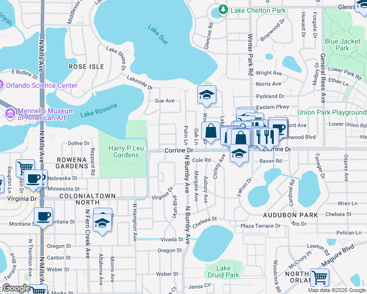 map of restaurants, bars, coffee shops, grocery stores, and more near 2326 Corrine Drive in Orlando