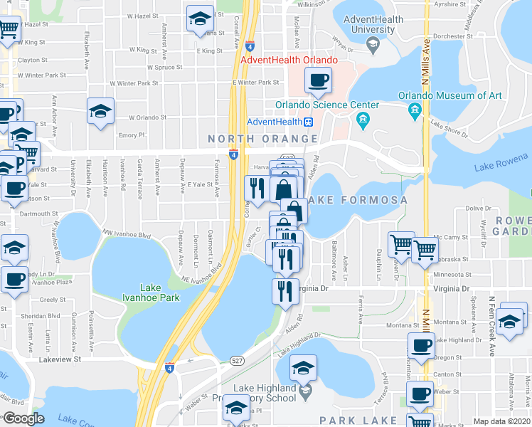 map of restaurants, bars, coffee shops, grocery stores, and more near 310 East New Hampshire Street in Orlando