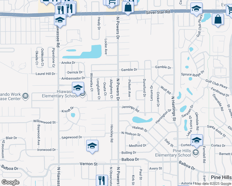 map of restaurants, bars, coffee shops, grocery stores, and more near 2082 North Powers Drive in Orlando