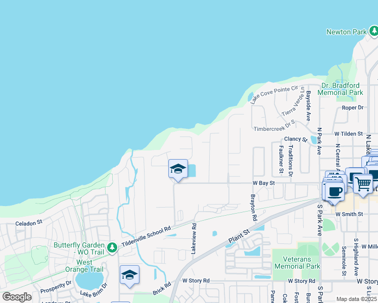 map of restaurants, bars, coffee shops, grocery stores, and more near 216 Harbor Drive in Winter Garden