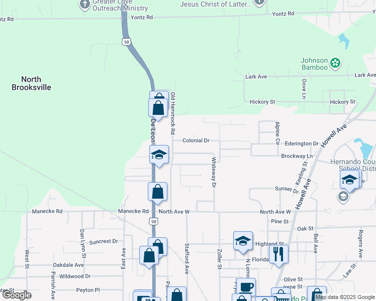 map of restaurants, bars, coffee shops, grocery stores, and more near 1046 Whiteway Drive in Brooksville