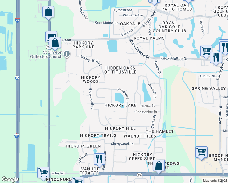 map of restaurants, bars, coffee shops, grocery stores, and more near 4165 Hickory Lake Court in Titusville