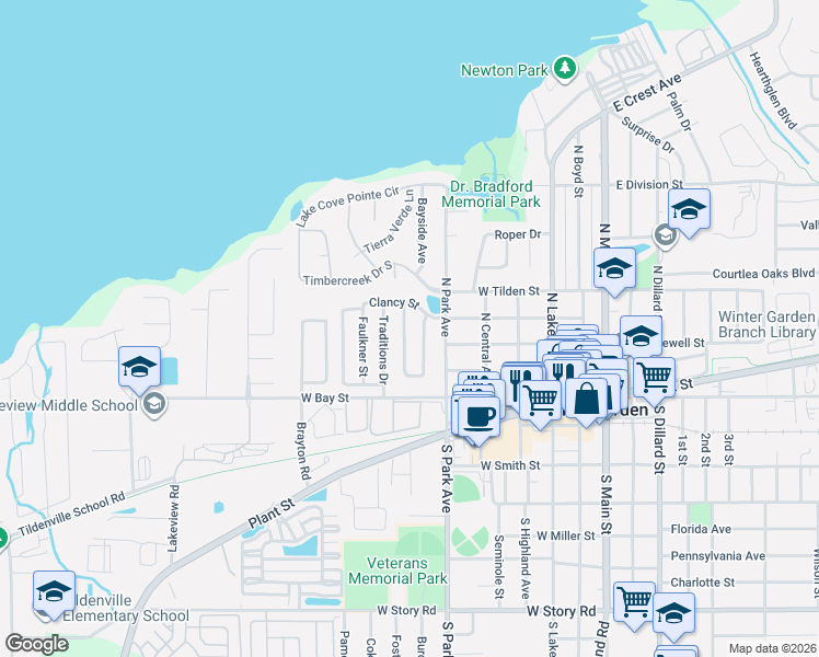 map of restaurants, bars, coffee shops, grocery stores, and more near 203 Traditions Drive in Winter Garden