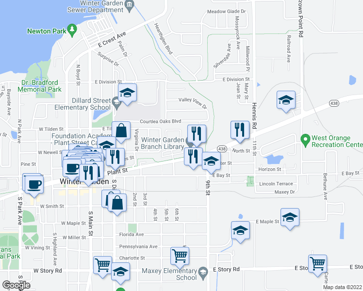map of restaurants, bars, coffee shops, grocery stores, and more near 805 East Plant Street in Winter Garden
