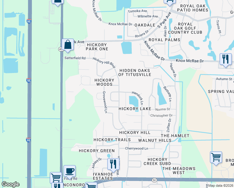 map of restaurants, bars, coffee shops, grocery stores, and more near 2925 Kelley Street in Titusville