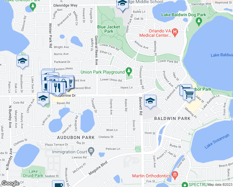 map of restaurants, bars, coffee shops, grocery stores, and more near 3865 Corrine Drive in Orlando