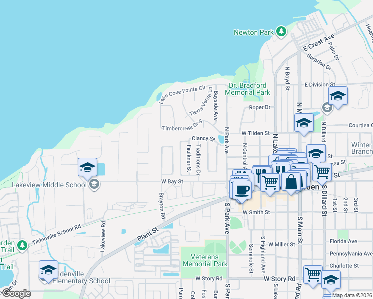 map of restaurants, bars, coffee shops, grocery stores, and more near 206 Faulkner Street in Winter Garden