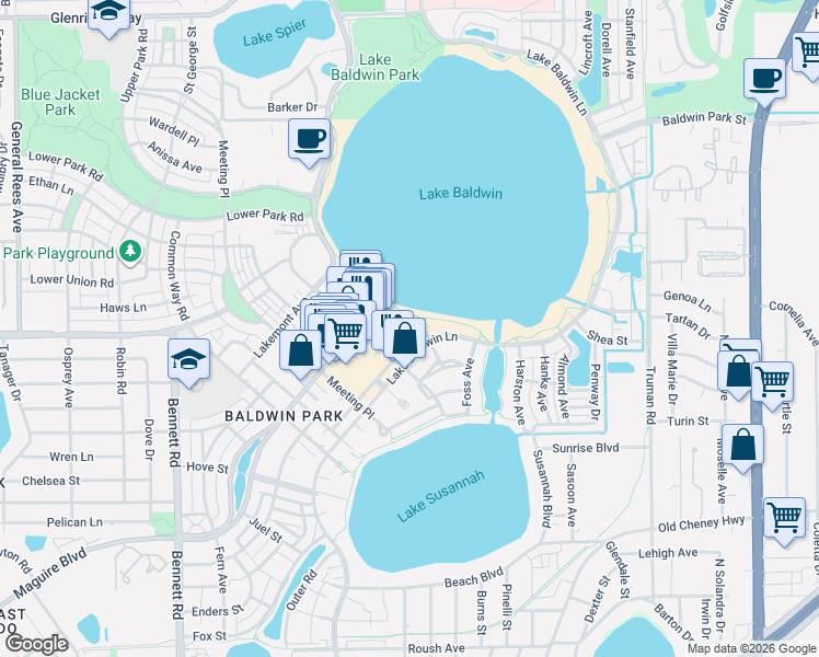 map of restaurants, bars, coffee shops, grocery stores, and more near 1645 Lake Baldwin Lane in Orlando