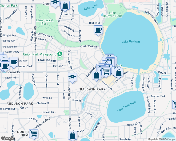 map of restaurants, bars, coffee shops, grocery stores, and more near 1655 Lakemont Avenue in Orlando