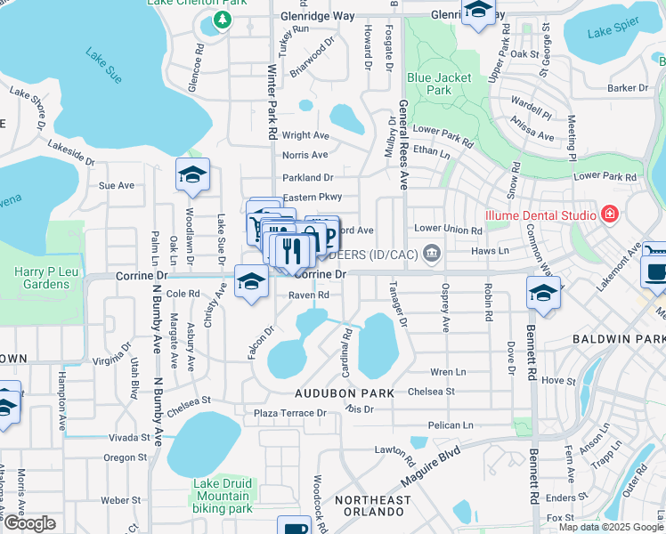 map of restaurants, bars, coffee shops, grocery stores, and more near 3216 Corrine Drive in Orlando