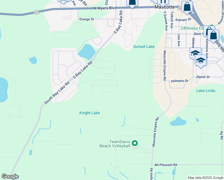 map of restaurants, bars, coffee shops, grocery stores, and more near 15220 Bay Lake Road in Mascotte