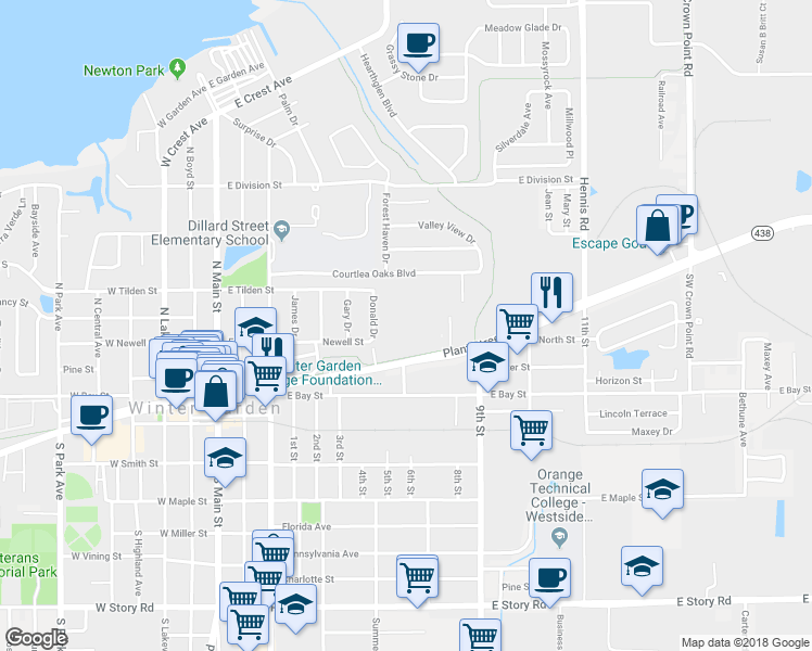 map of restaurants, bars, coffee shops, grocery stores, and more near 805 East Plant Street in Winter Garden