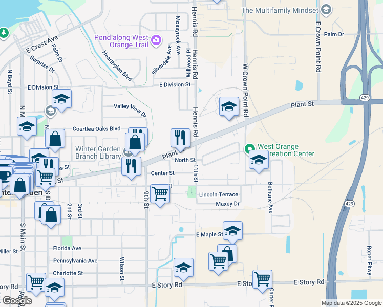 map of restaurants, bars, coffee shops, grocery stores, and more near 216 North Street in Winter Garden